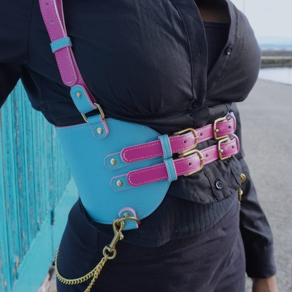 Blue and pink chest harness detail front